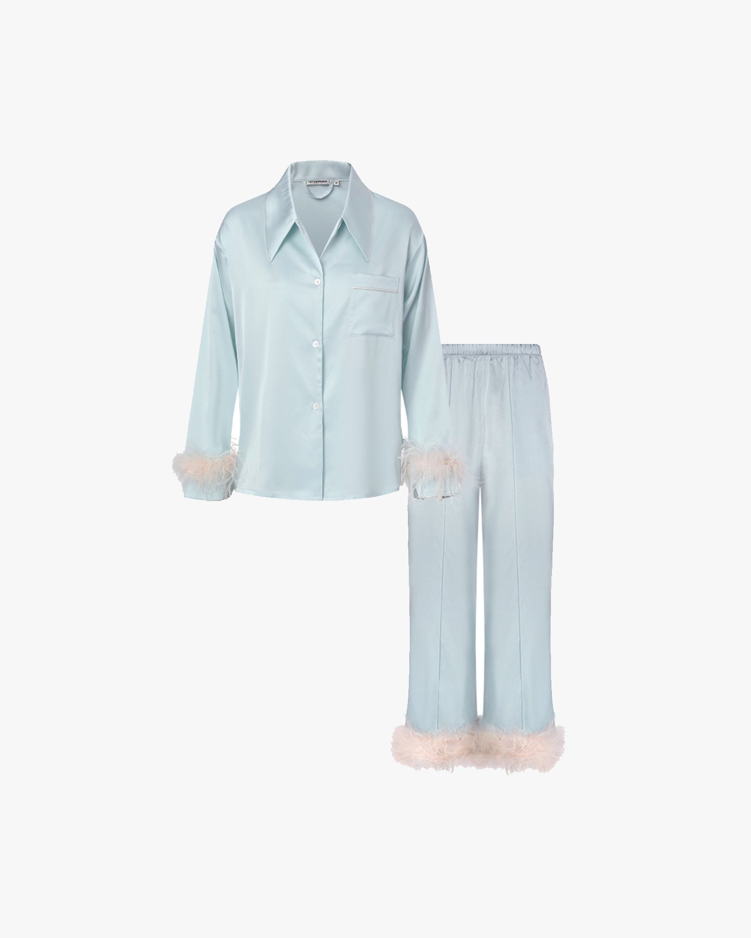Bride-to-be Edition Silk Pajamas Long Set with Feathers in Blue