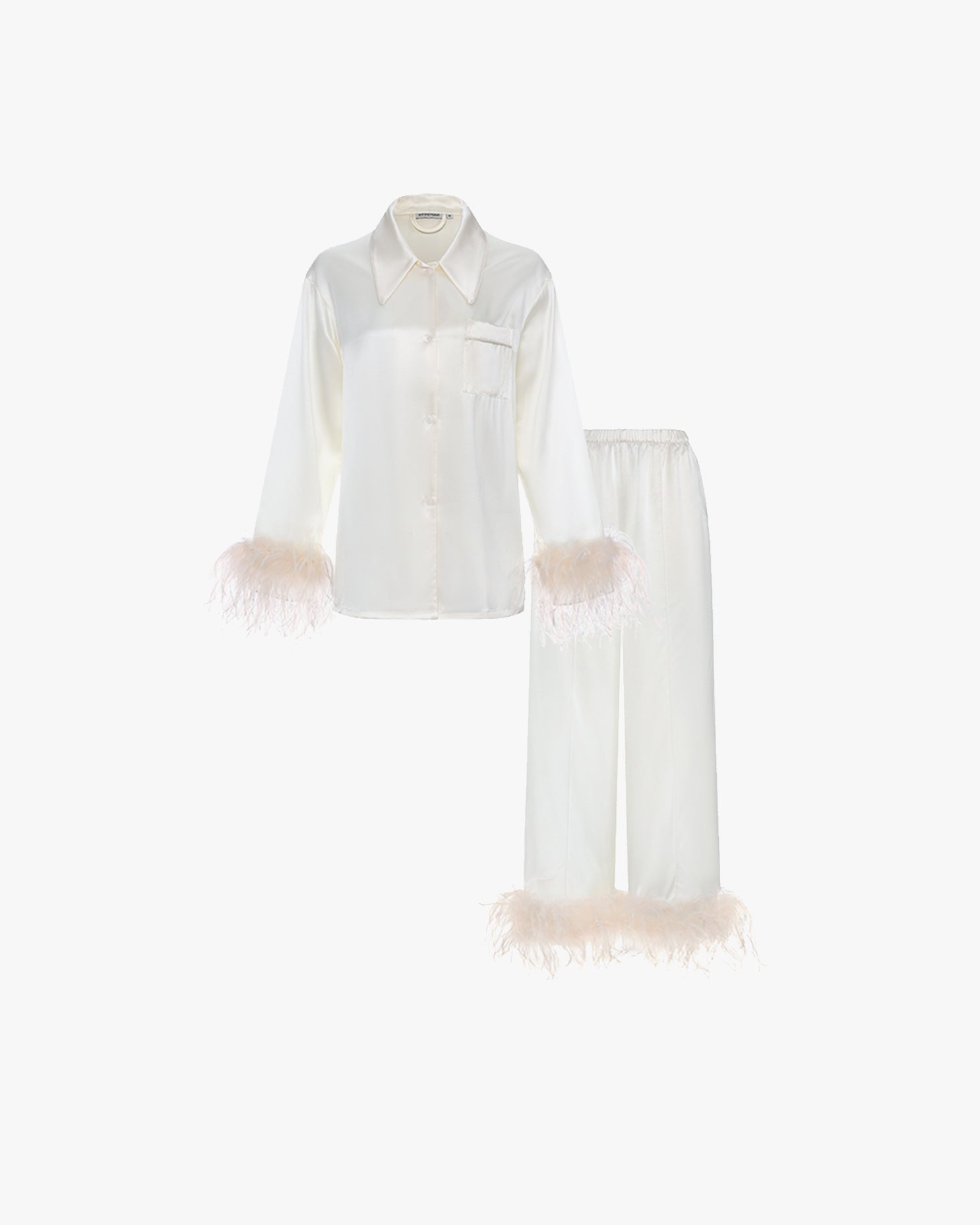 Bride-to-be Edition Silk Pajamas Long Set with Feathers in White