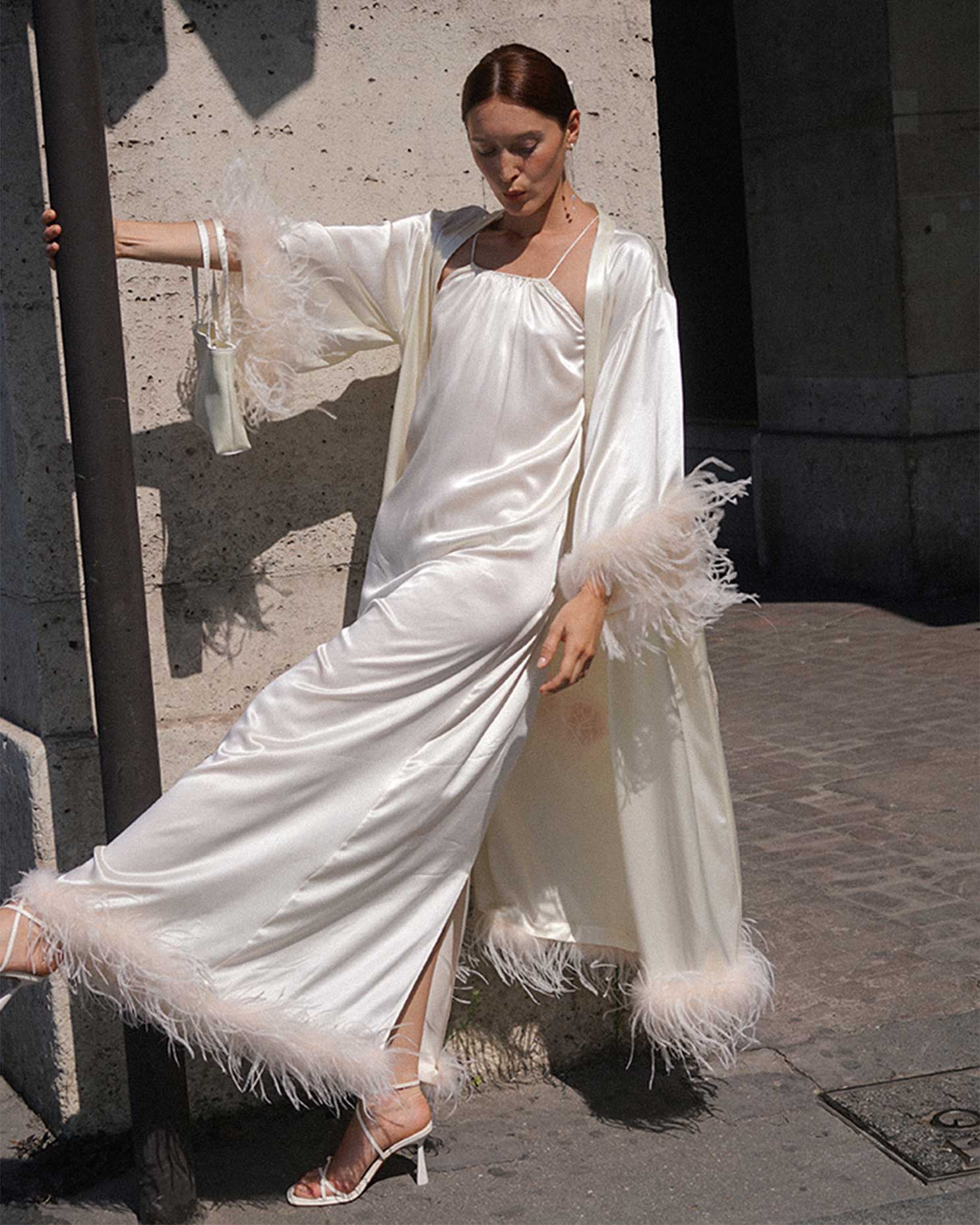 Silk Robe with Feathers in White