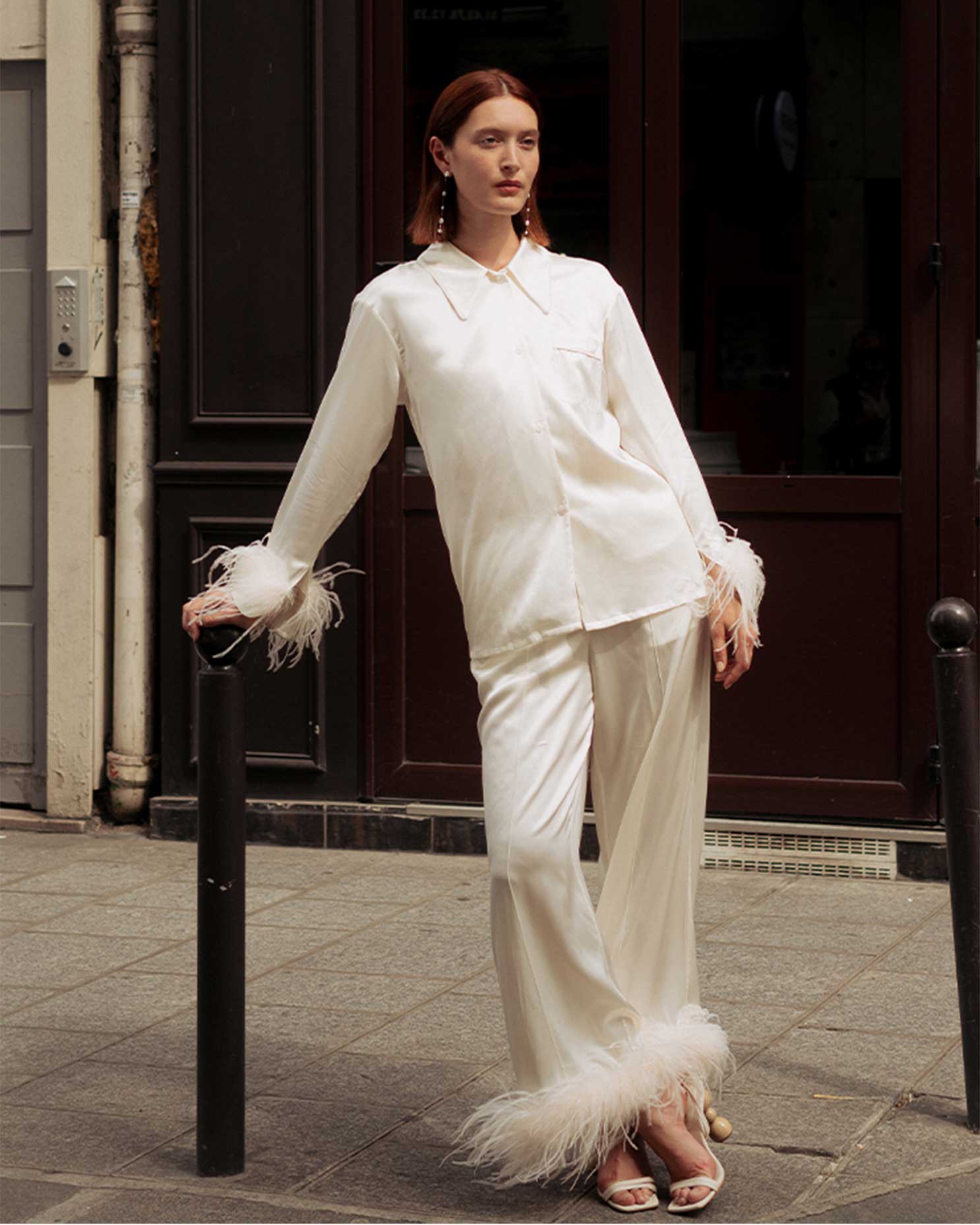 Bride-to-be Edition Silk Pajamas Long Set with Feathers in White